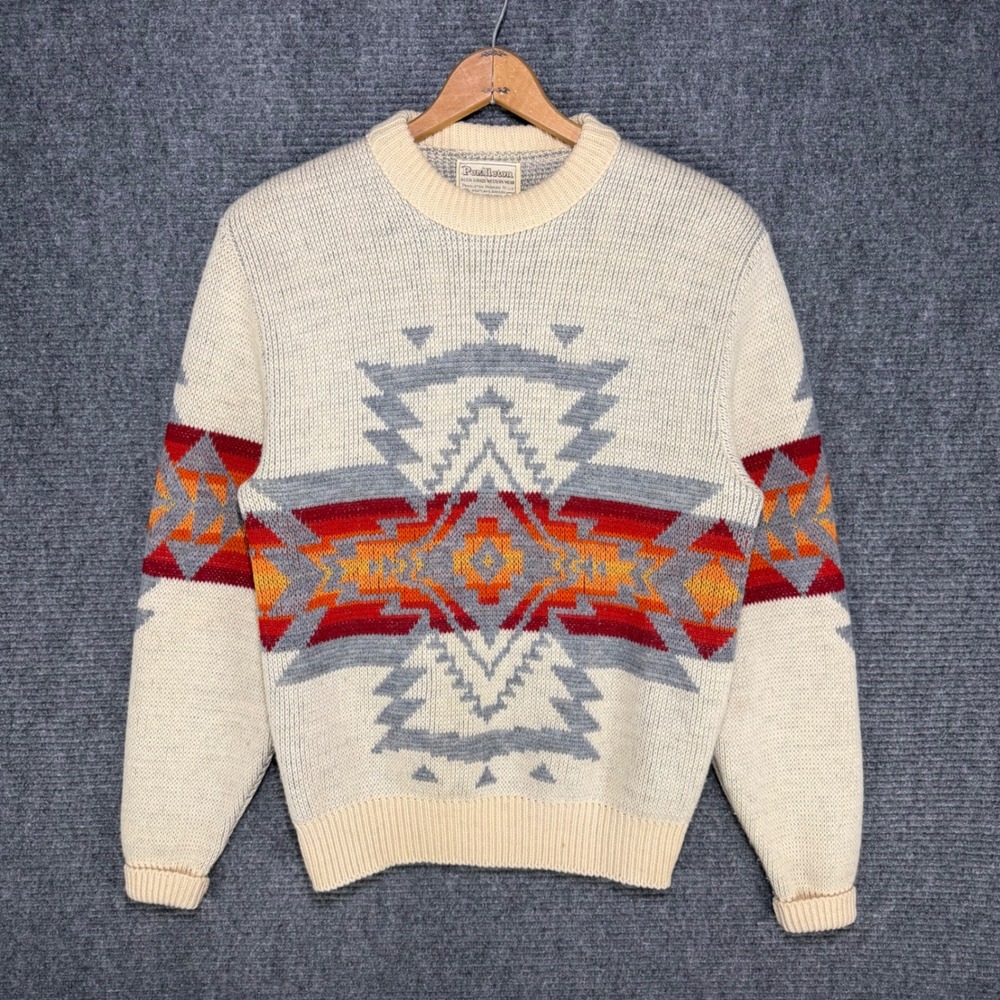 VTG 70s Pendleton High Grade Western Wear Wool Southwestern Sweater Cream Mens M
